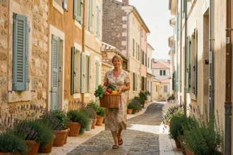 Femme se promenant dans une rue étroite et pittoresque des quartiers sud de Marseille avec des façades calcaires et des volets colorés