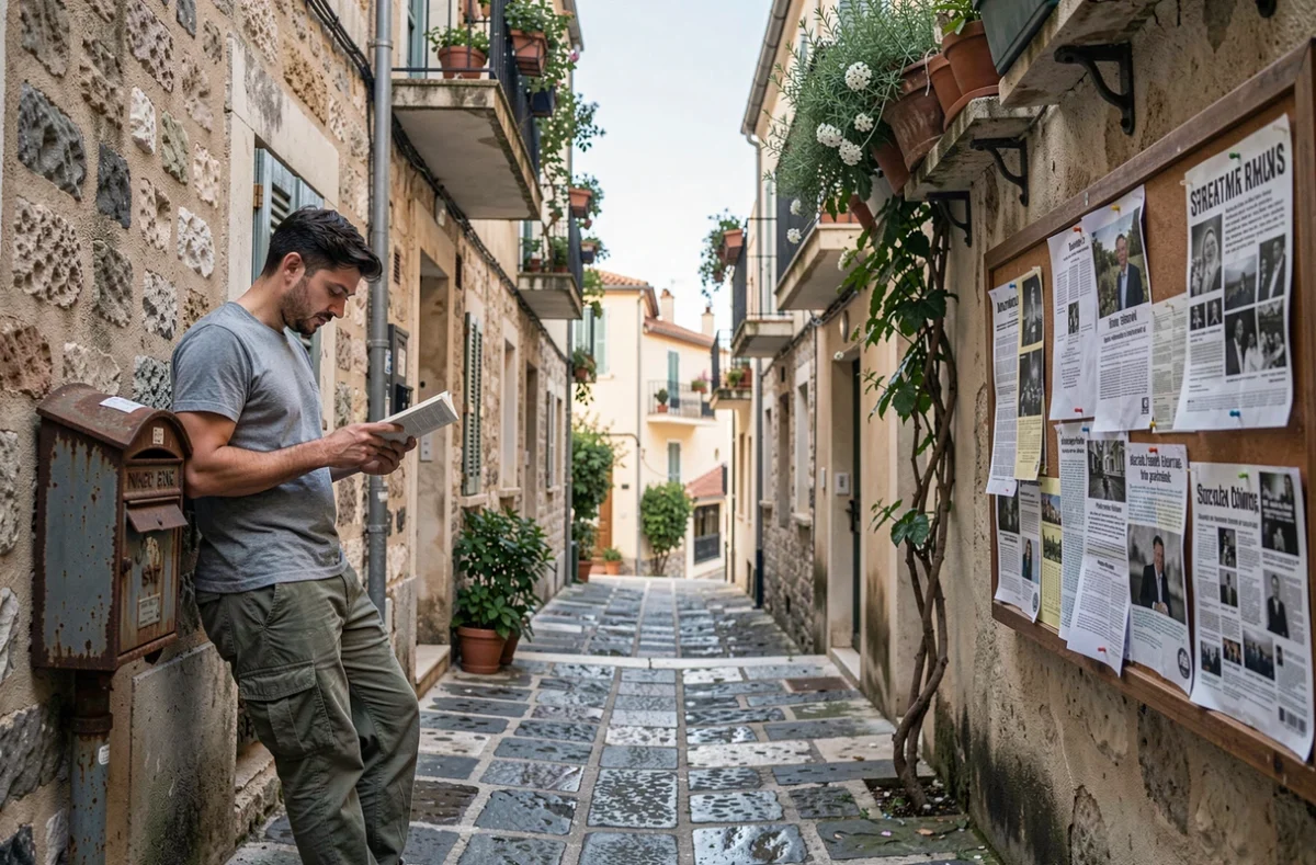 Jeune homme lisant dans une ruelle en pente des quartiers sud de Marseille entourée de maisons en pierre et de végétation grimpante