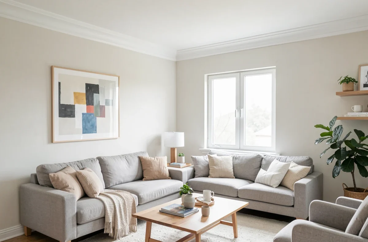 Salon lumineux avec une corniche blanche entre le mur et le plafond