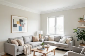Salon lumineux avec une corniche blanche entre le mur et le plafond
