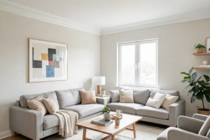 Salon lumineux avec une corniche blanche entre le mur et le plafond