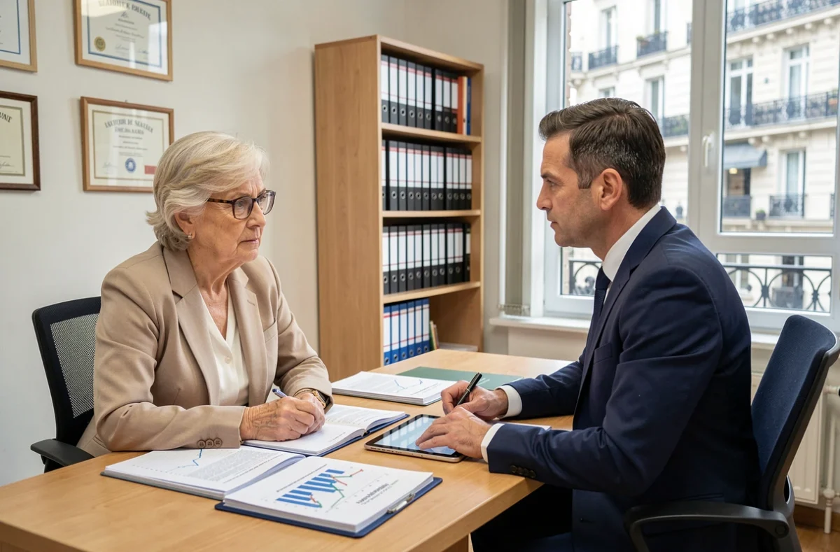 Femme senior en rendez-vous avec un conseiller financier pour discuter d'un contrat de viager mutualisé