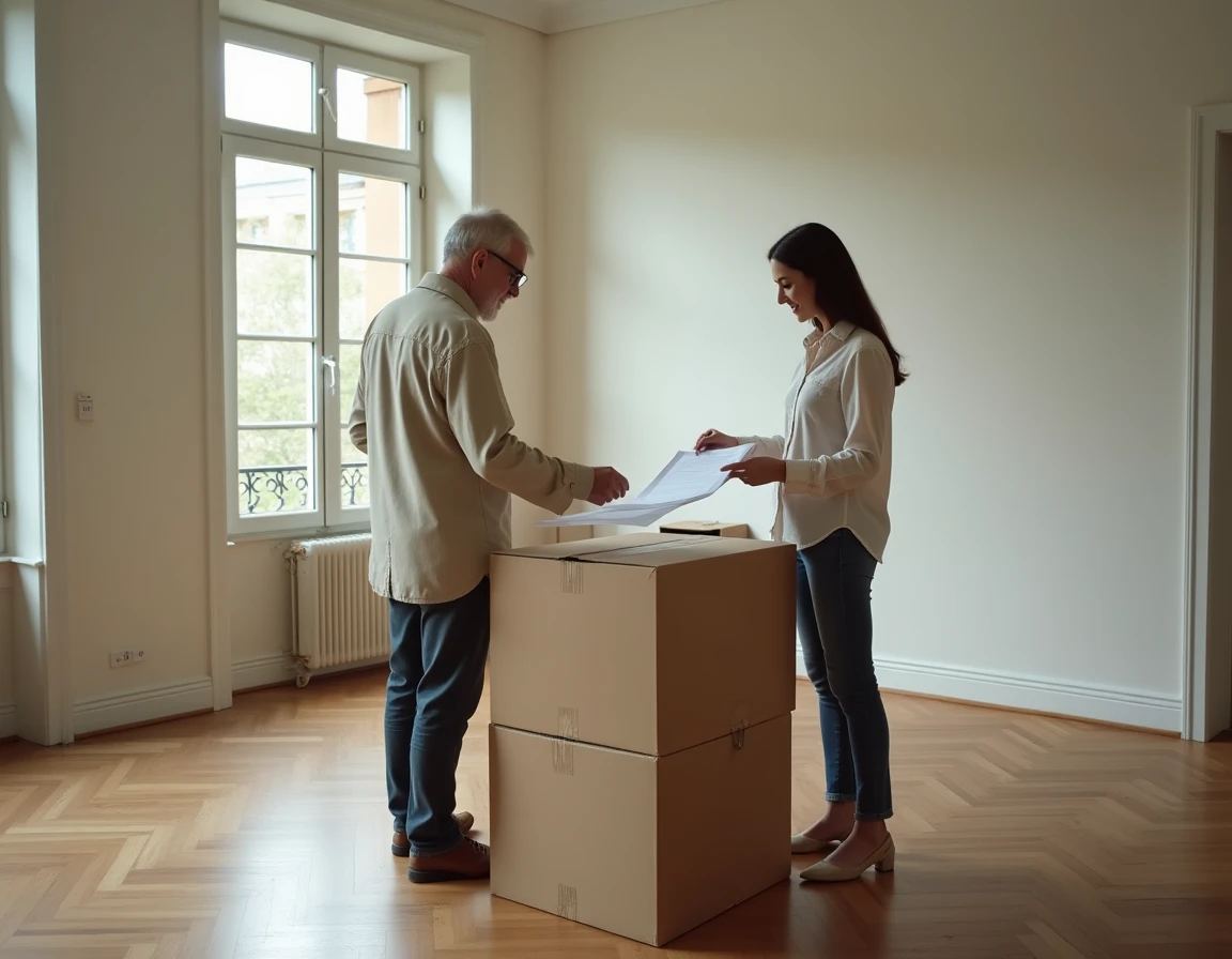 Propriétaire et futur locataire examinant un contrat de bail dans une maison vide à louer