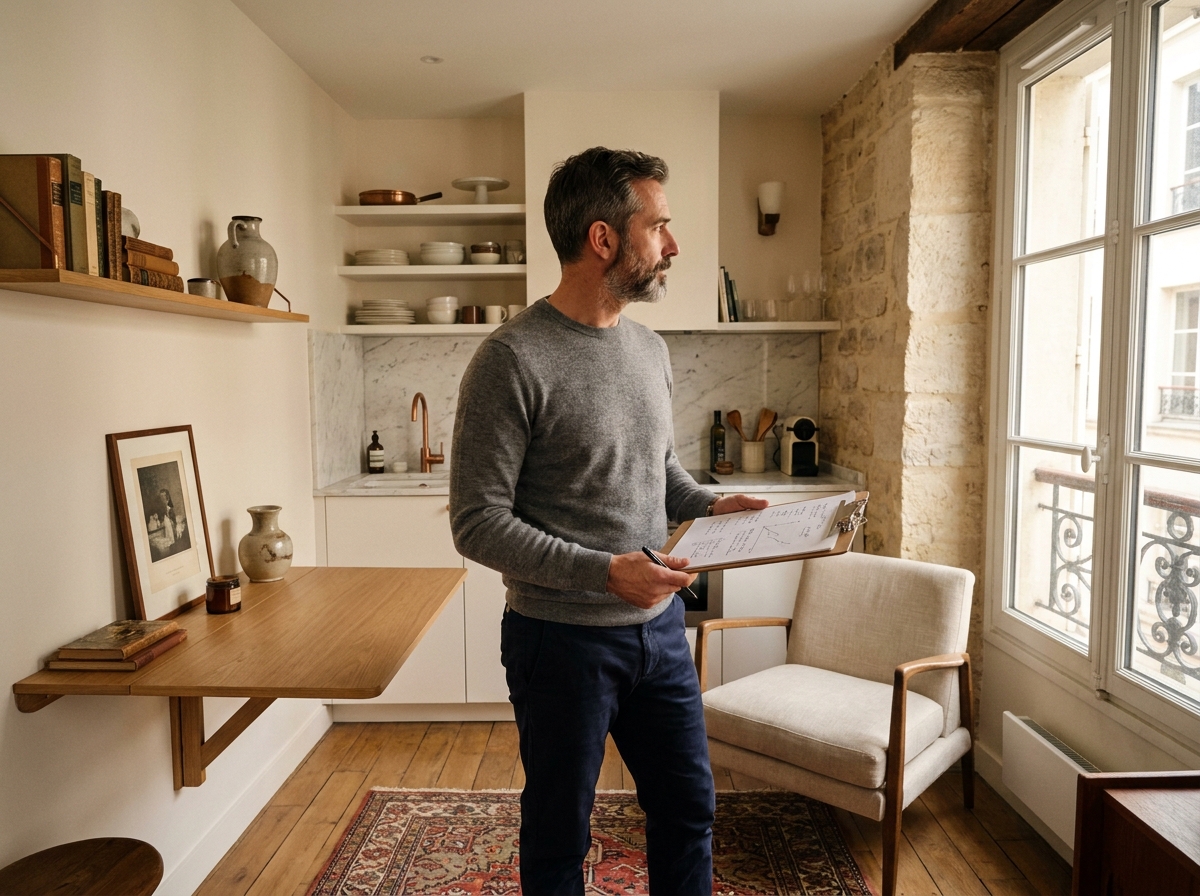 Propriétaire évaluant un studio meublé à Paris pour un investissement locatif rentable