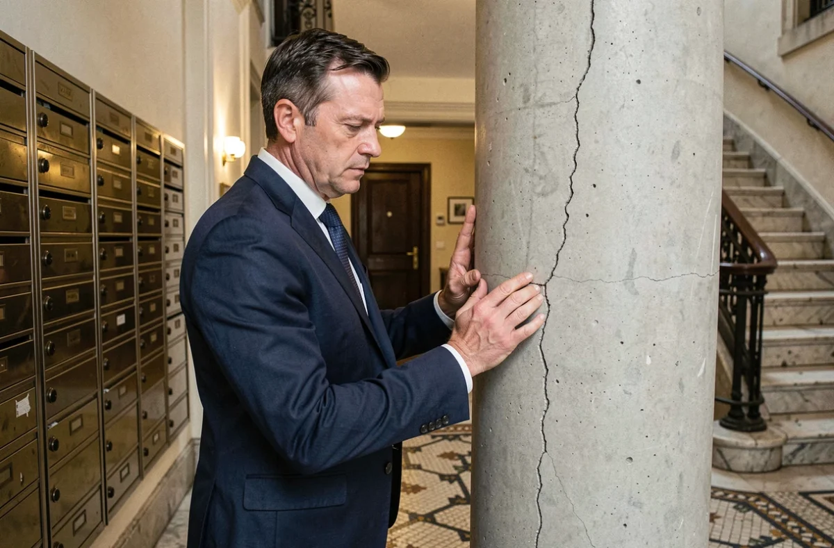 Syndic de copropriété inspectant une fissure structurelle sur un pilier d'immeuble dans un hall d'entrée haussmannien