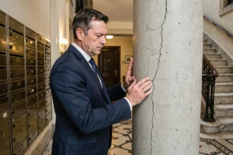 Syndic de copropriété inspectant une fissure structurelle sur un pilier d'immeuble dans un hall d'entrée haussmannien