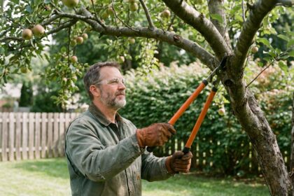 Homme en équipement de sécurité taillant un pommier dans un jardin résidentiel avec une attention particulière aux risques liés au voisinage
