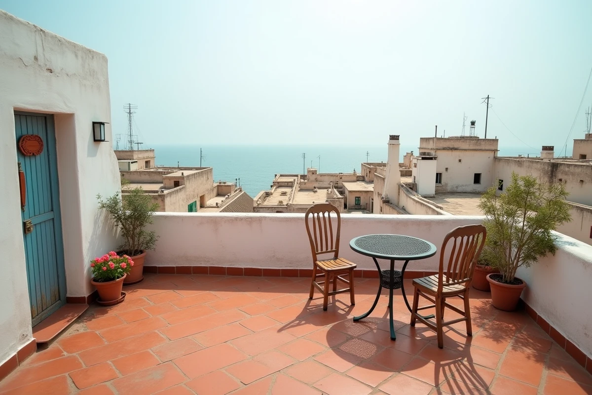 Terrasse d'une maison en location à Essaouira avec vue sur les toits de la médina et l'océan Atlantique