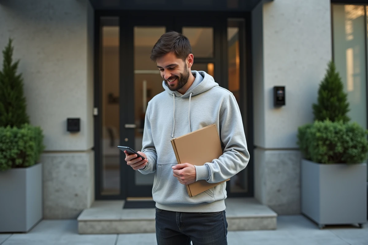 Travailleur intérimaire devant son immeuble tenant un dossier de location et vérifiant une confirmation sur son téléphone