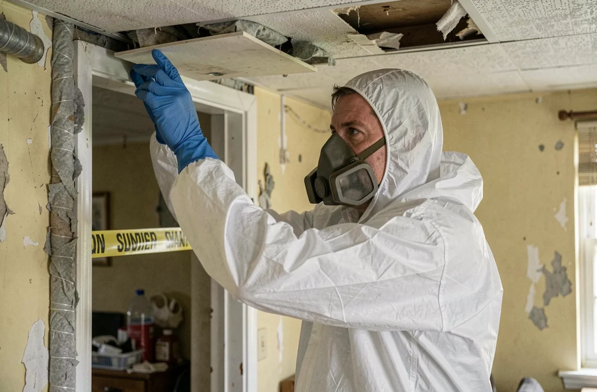 Ouvrier en combinaison blanche retirant des matériaux amiantés dans un appartement ancien lors d'un désamiantage