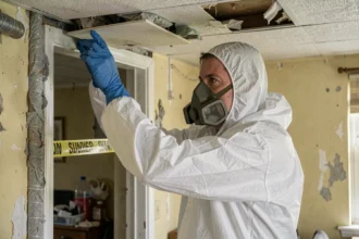 Ouvrier en combinaison blanche retirant des matériaux amiantés dans un appartement ancien lors d'un désamiantage