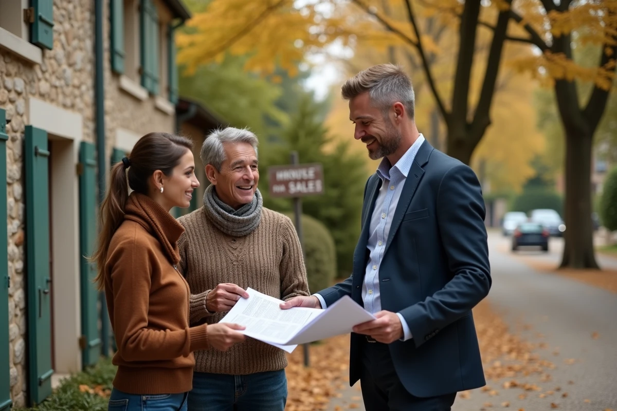 Couple de vendeurs recevant les diagnostics immobiliers obligatoires devant une maison en pierre à vendre en France