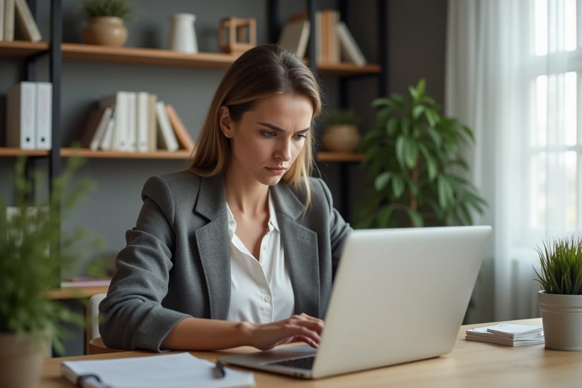 Femme analysant des avis en ligne sur un investissement immobilier depuis son bureau à domicile