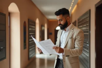 Propriétaire vérifiant les documents de copropriété dans le couloir d'un immeuble moderne à Guéliz, Marrakech