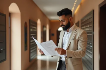 Propriétaire vérifiant les documents de copropriété dans le couloir d'un immeuble moderne à Guéliz, Marrakech