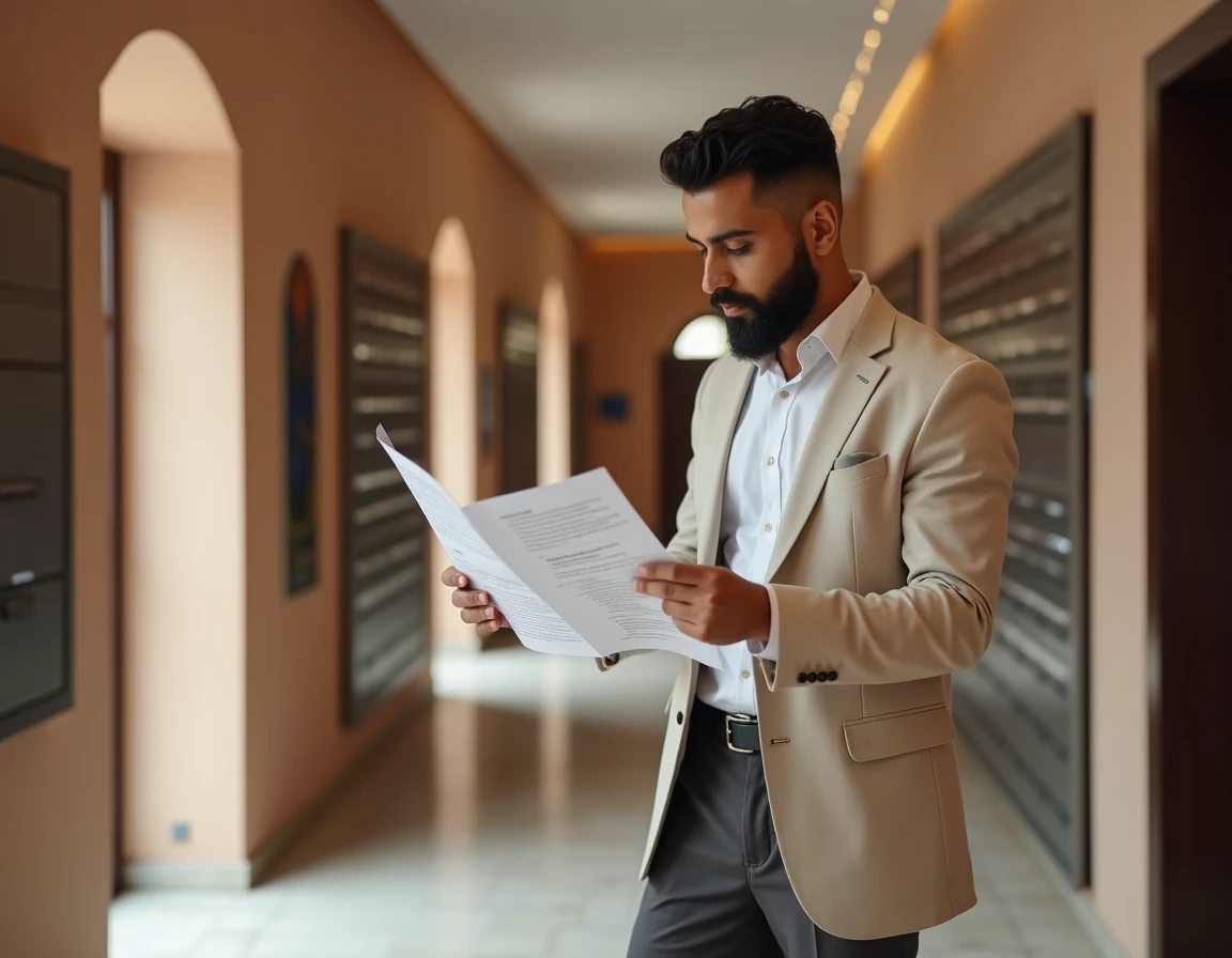Propriétaire vérifiant les documents de copropriété dans le couloir d'un immeuble moderne à Guéliz, Marrakech