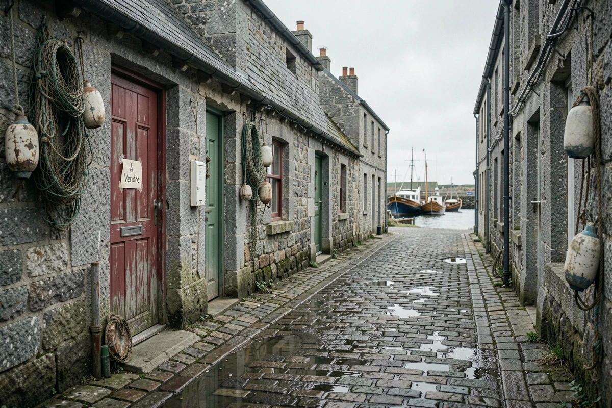 Rue pittoresque d'un village de pêcheurs breton avec maison à vendre en pierre