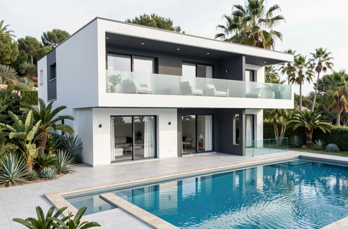 Villa contemporaine Villas Bella avec toiture plate, facade bicolore blanc et anthracite, balcon en verre et terrasse avec piscine dans un cadre méditerranéen