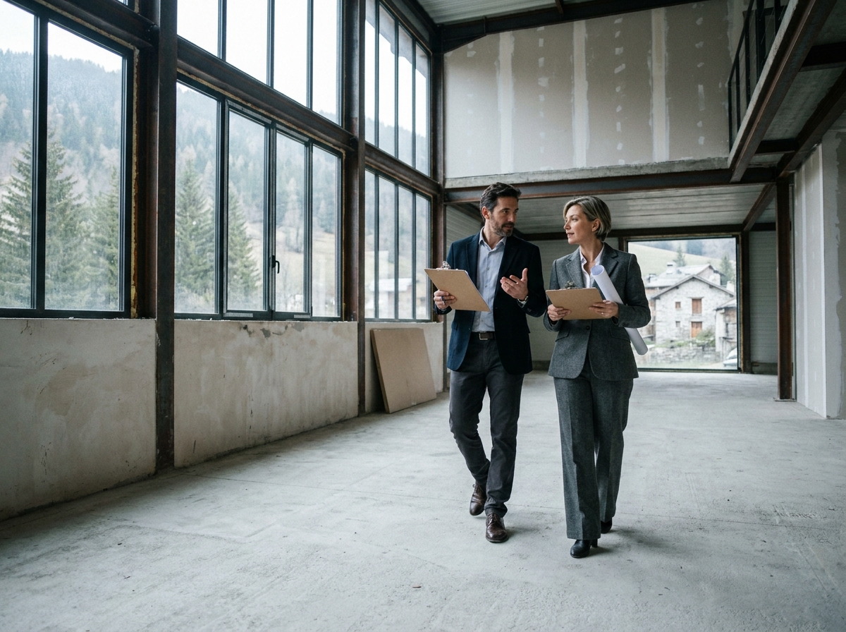 Deux professionnels de l'immobilier visitant un local commercial vide dans la région de Cruseilles