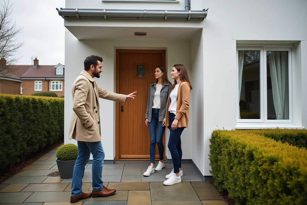 Agent immobilier et couple devant une maison rénovée en extérieur