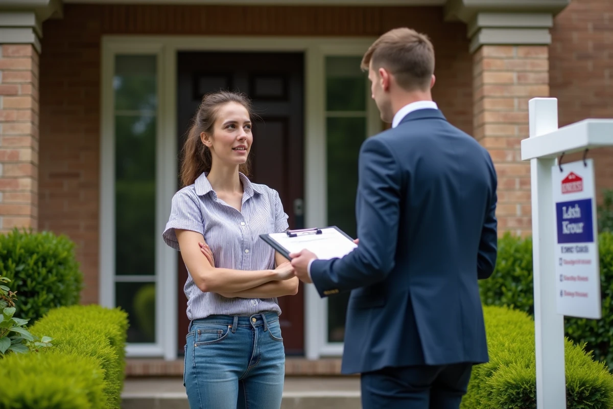 Femme et agent immobilier devant une maison en vente