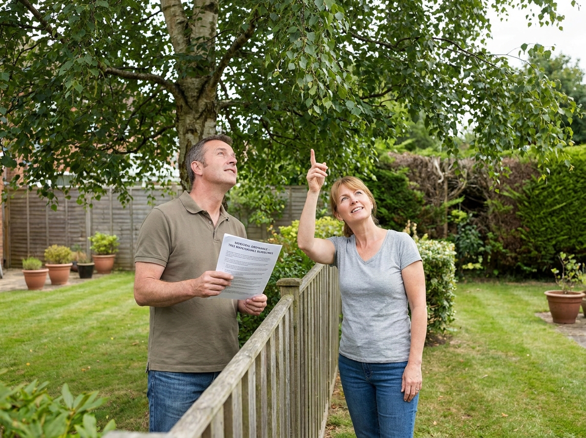 Deux voisins discutant de la taille d'un arbre débordant sur la propriété mitoyenne, document réglementaire en main, devant une clôture en bois