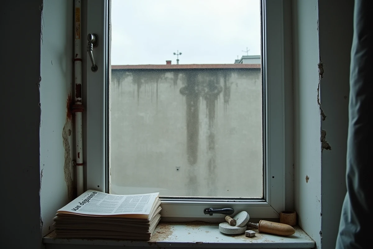 Vue prétendument dégagée depuis une fenêtre d'appartement donnant sur un mur en béton mitoyen