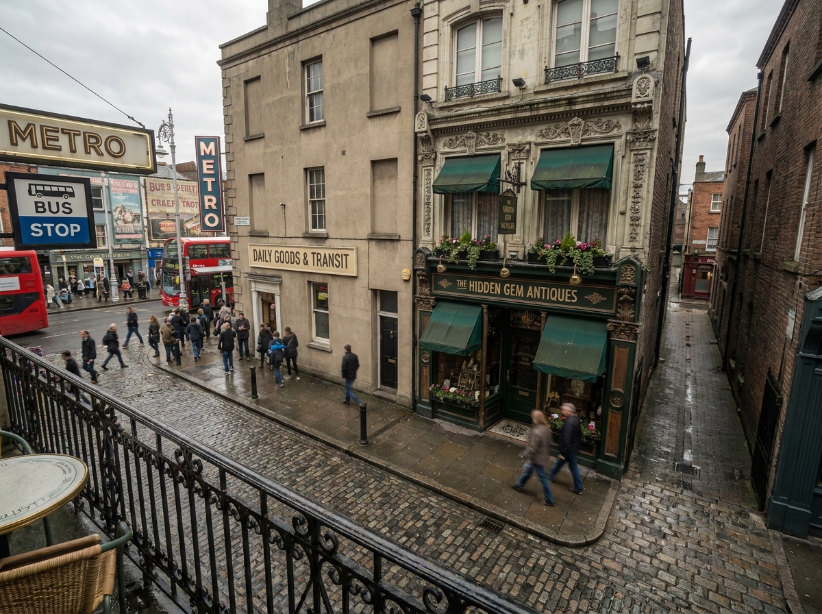 Vue en plongée d'une rue commerçante urbaine montrant deux devantures aux fréquentations opposées, illustrant l'impact de l'emplacement sur le commerce